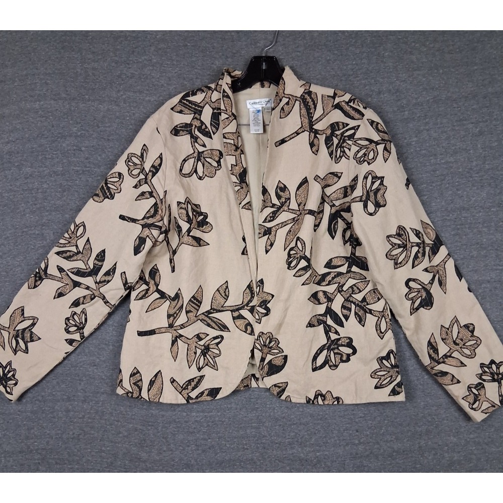 Coldwater Creek Womens Jacket L Tan Canvas Floral Boho Art To Wear Chic Elevated